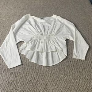 Please‎ Womens Blouse Top Size 14A White Gathered Waist Peplum Long Sleeves
